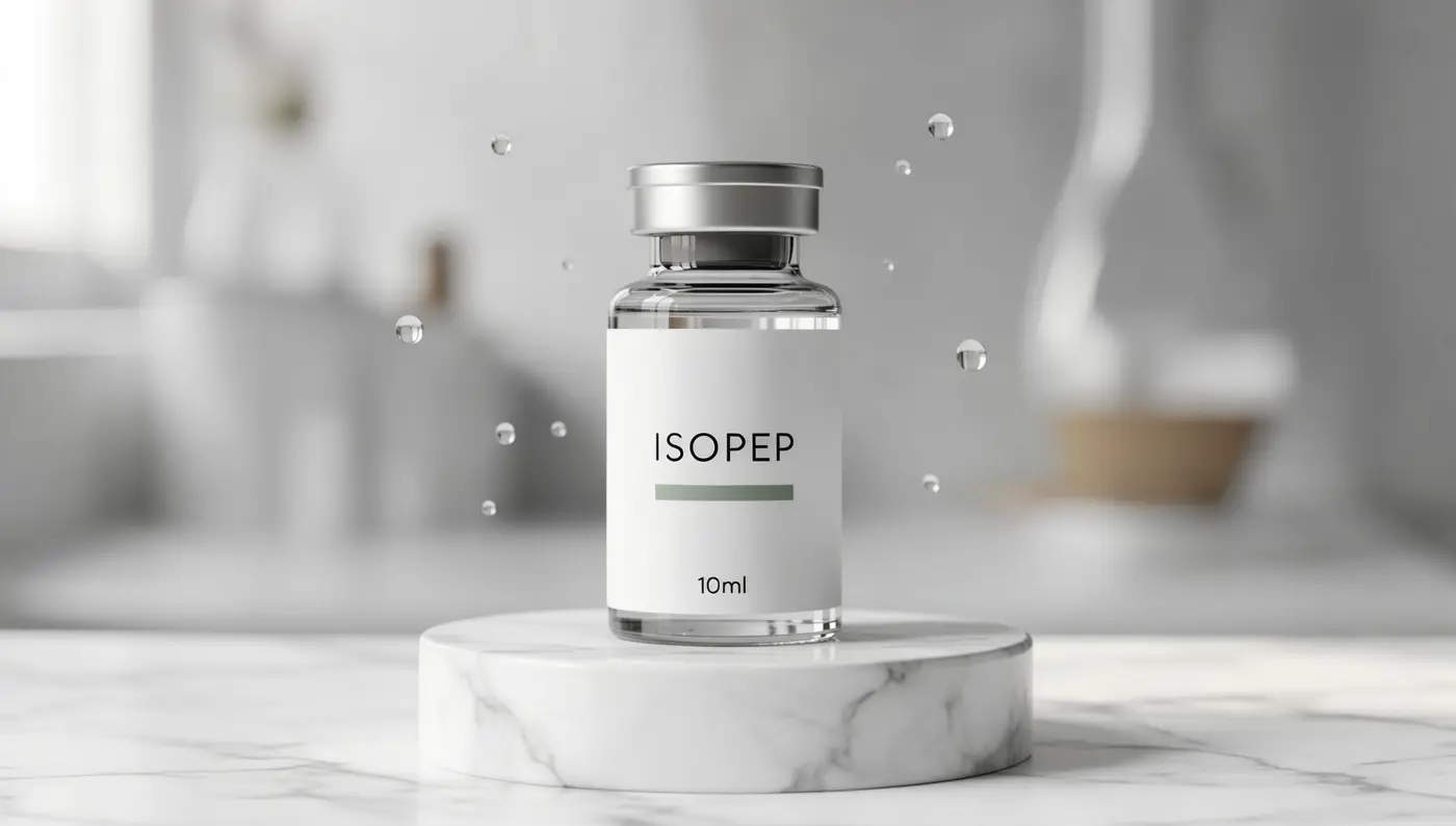 Single ISOPEP vial on a marble pedestal with suspended droplets